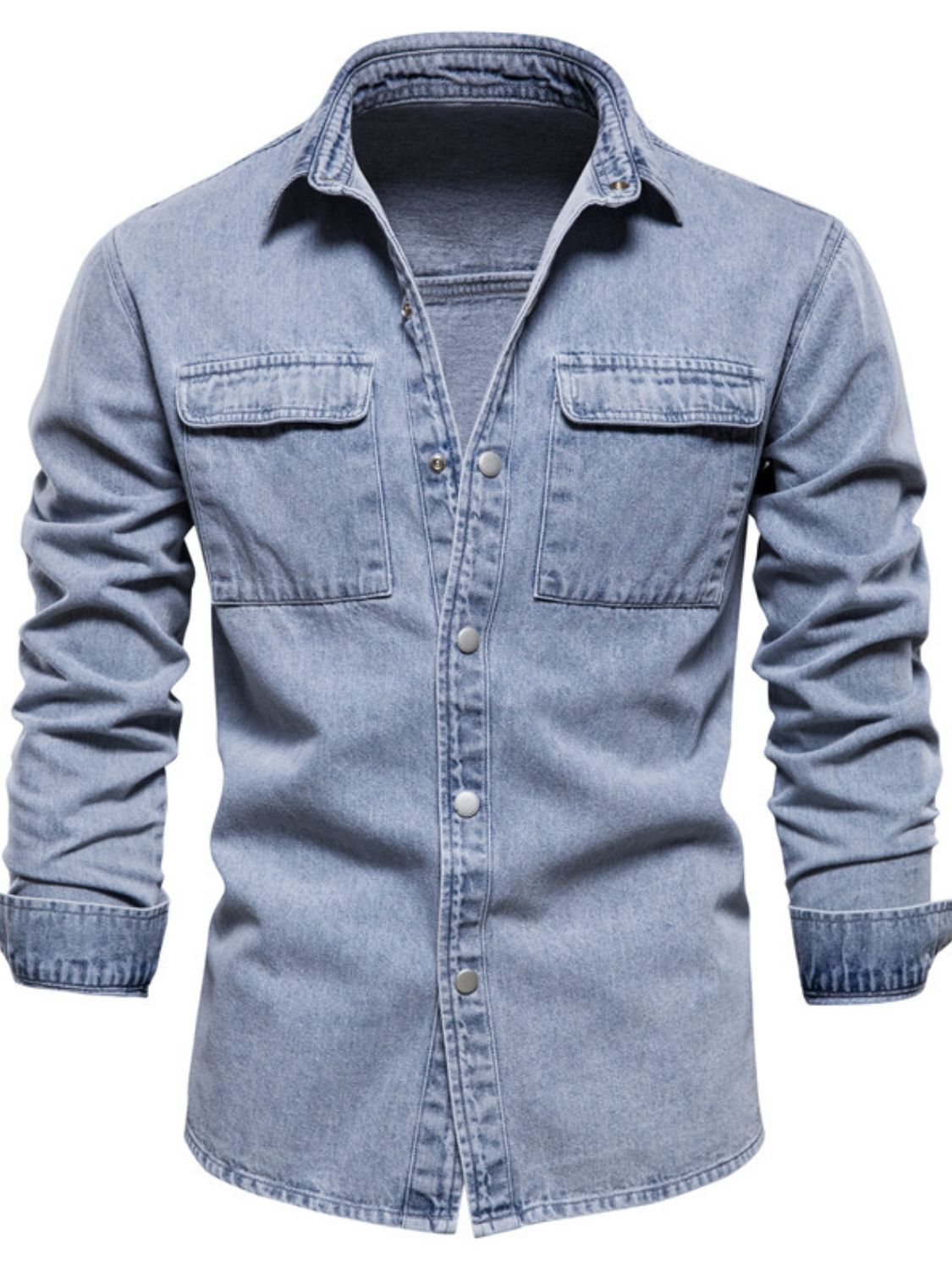 Men's denim button-down jacket with chest pocket from Plush Fashion Hub, featuring classic blue denim and casual style.