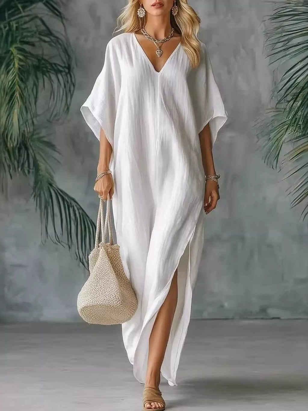 Shopimist full size V-neck maxi dress with side slits, plus size, flowing fabric, elegant design, suitable for casual or formal occasions.