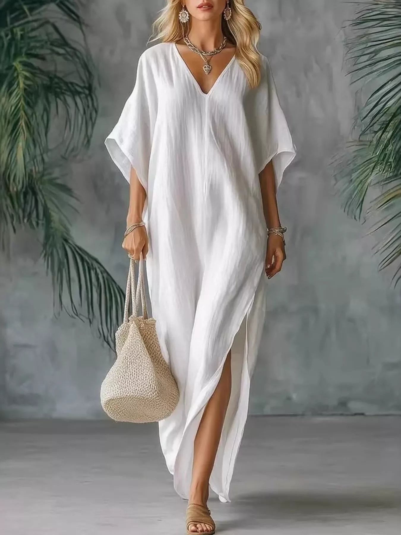 Shopimist full size V-neck maxi dress with side slits, plus size, flowing fabric, elegant design, suitable for casual or formal occasions.