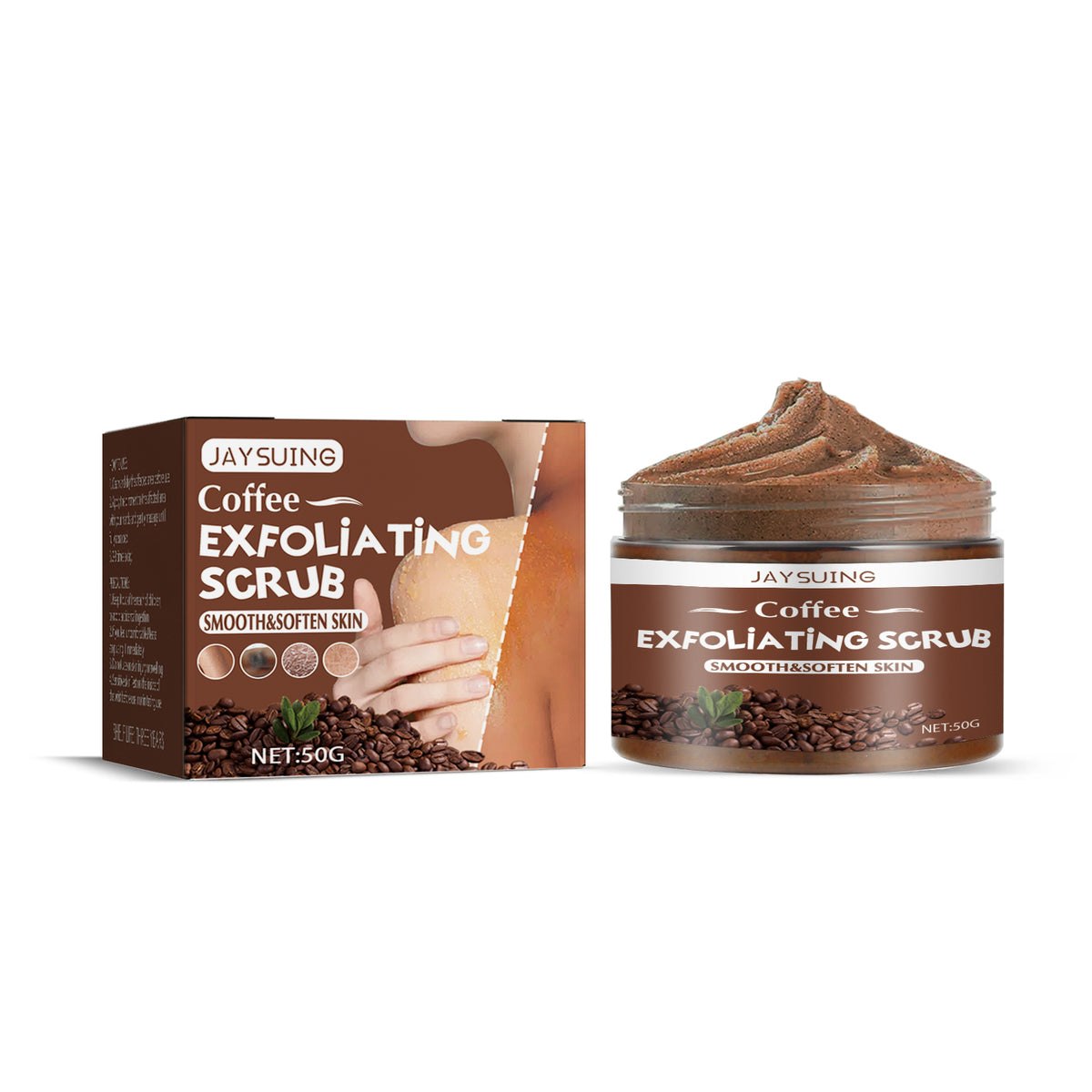 Brown Jaysuing Coffee Exfoliating Scrub jar and box, featuring coffee bean graphics and smooth & soften text.