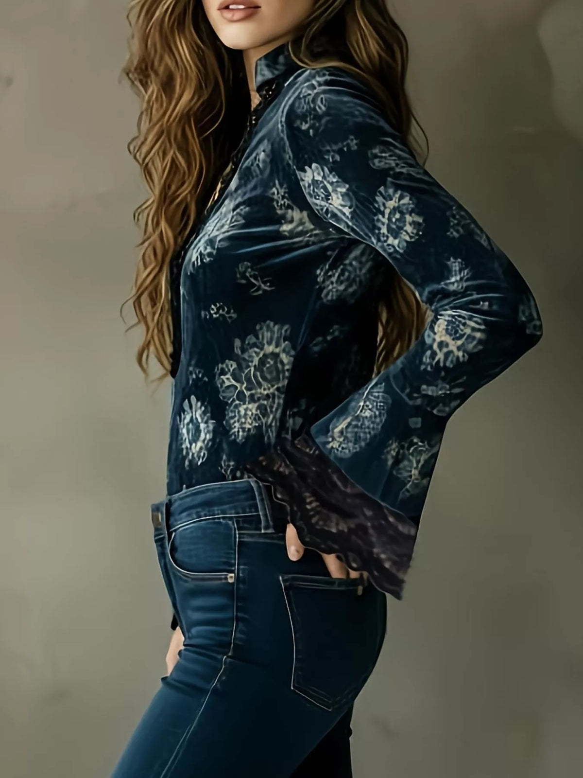 Lace trim flare sleeves blouse by Trendsi featuring a stylish design with elegant lace details and a flowy fit.