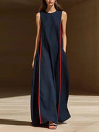 Women's linen sleeveless striped maxi dress by FitiqueFit, casualwear with a loose fit and stylish design.