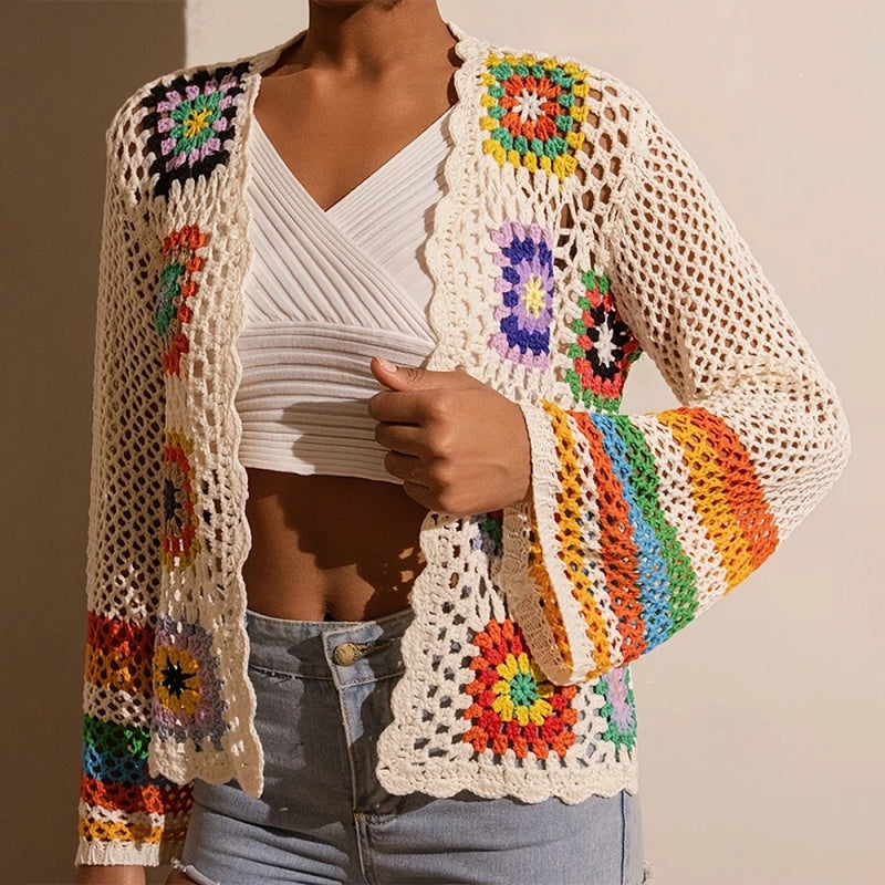 Women's elegant crochet cardigan by FitiqueFit, featuring intricate knit details and a stylish, lightweight design.