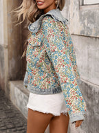 Women's Jacquard Denim Jacket | Ruffled Peter Pan Collar Long-Sleeve Short Jacket in Blue | S–XXL