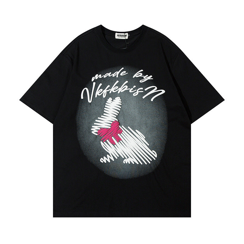 Eprolo graffiti rabbit print short-sleeved shirt with colorful rabbit artwork on lightweight fabric, casual summer fashion.