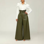 Women's High-Waist PU Leather Wide-Leg Pants with Metallic Belt