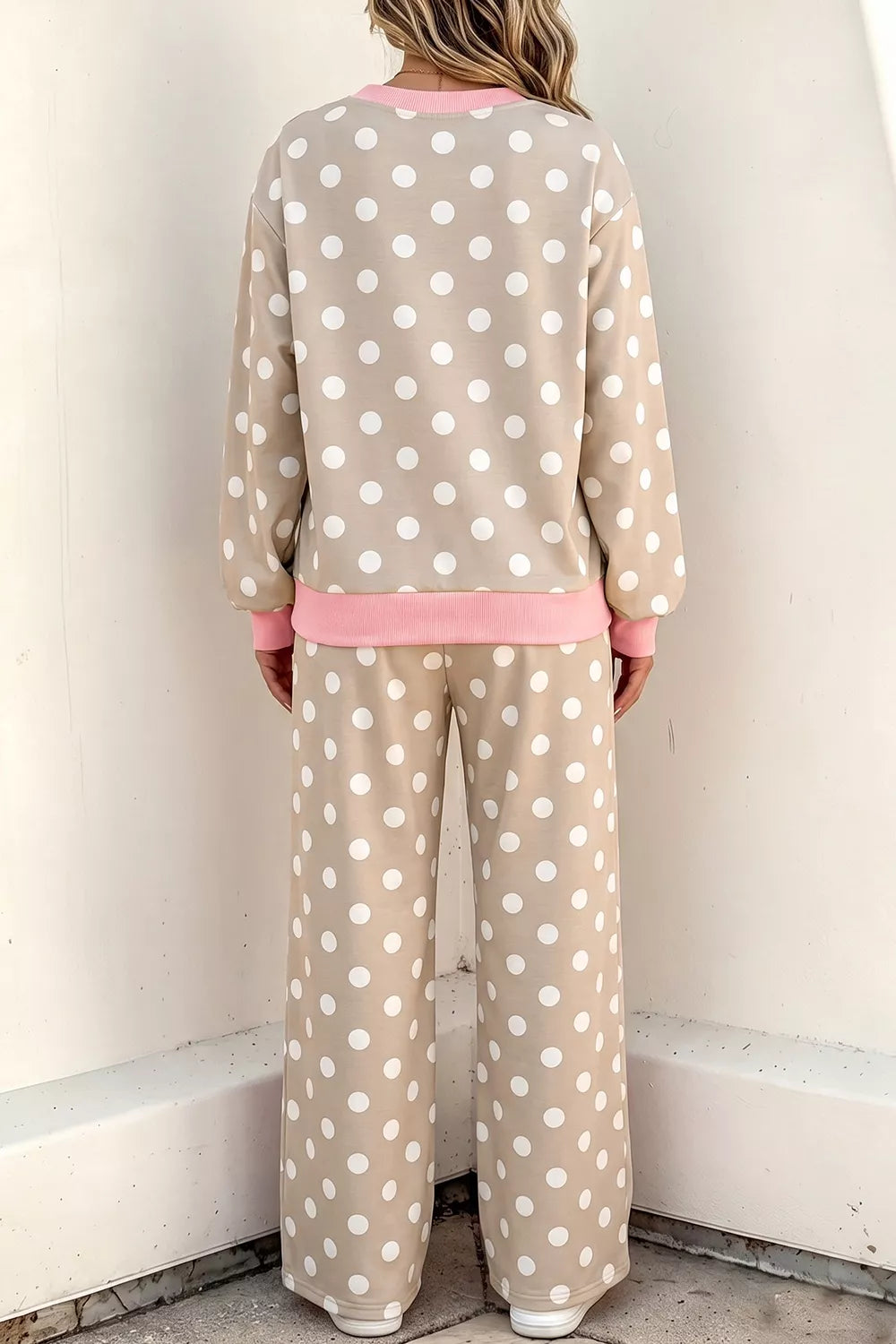 Polka dot contrast trim long sleeve top and drawstring shift pants set by Trendsi, casual outfit with polka dot and solid fabric.