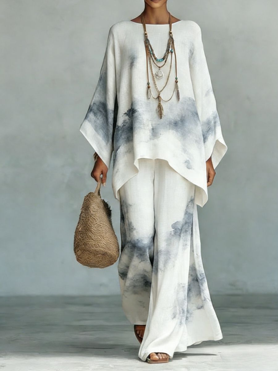 Floral print bamboo linen two-piece set with wide-leg pants from FitiqueFit, featuring a matching top and flowing trousers.