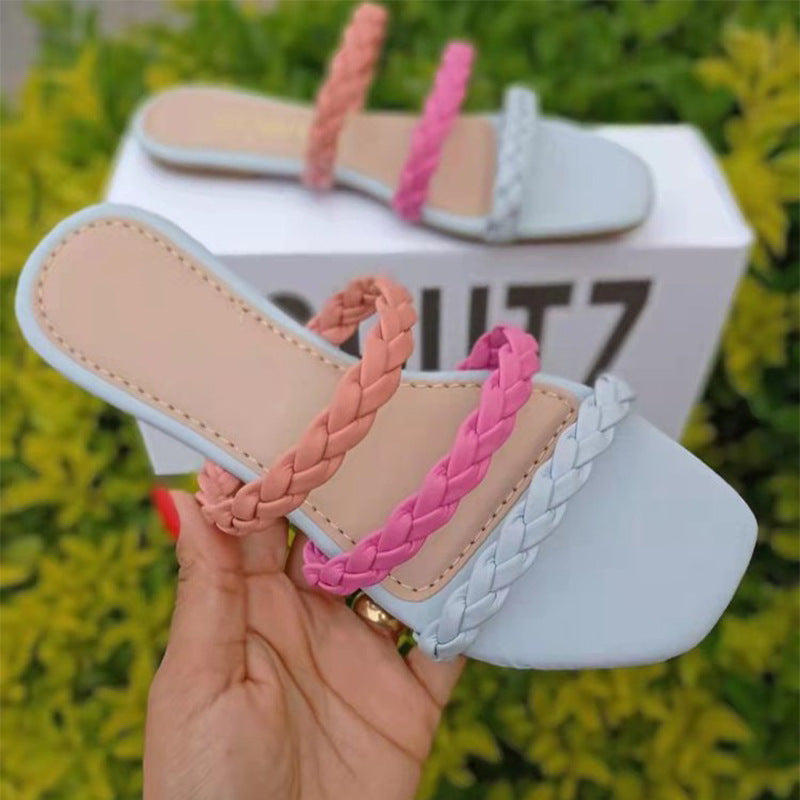 Plus size women's flat woven hollow slippers by Plush Fashion Hub, color-matching beach sandals with a comfortable slip-on design.
