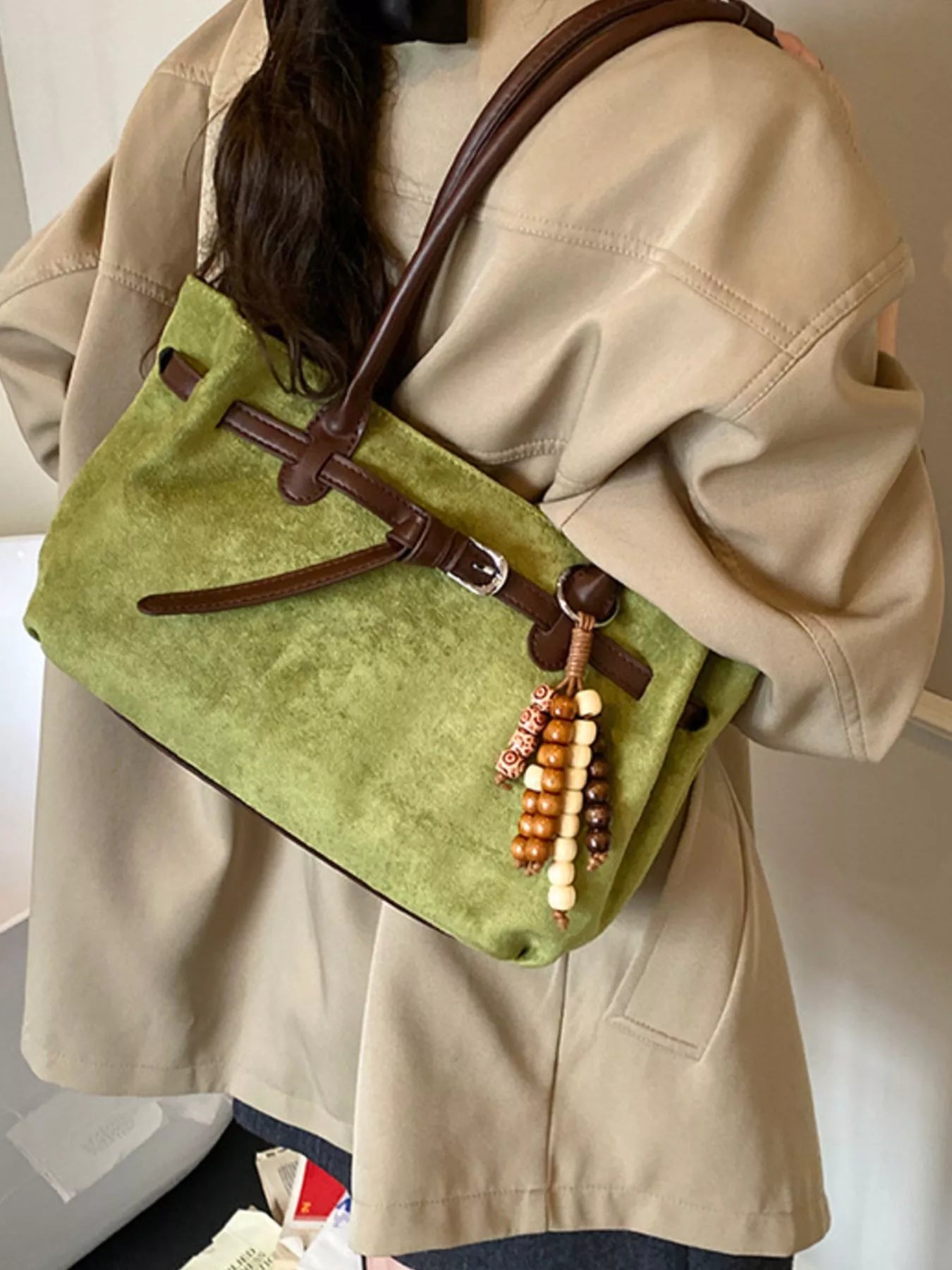 Vintage suede tote bag from Plush Fashion Hub featuring a spacious design and stylish leather handles.