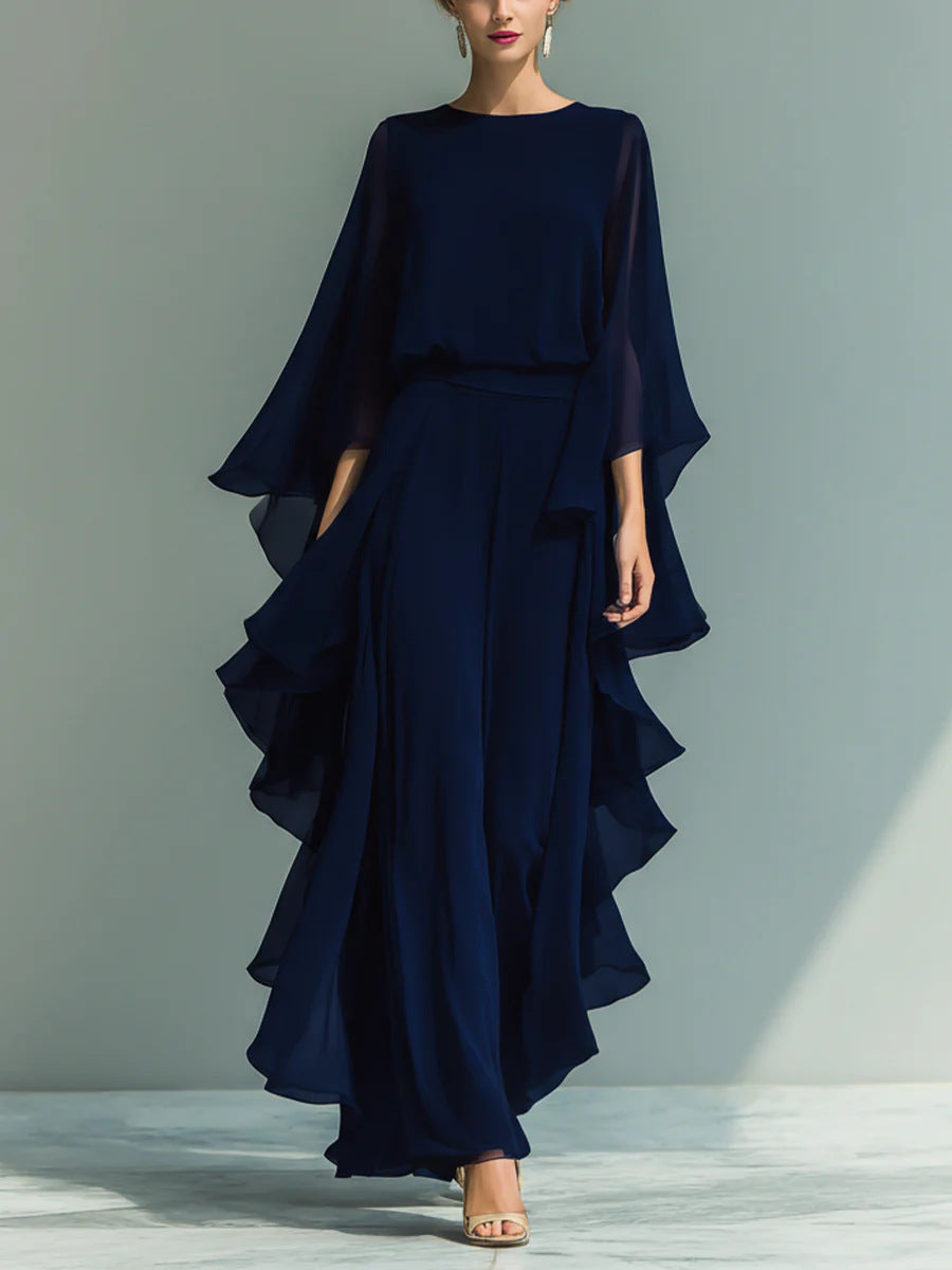 Plush Fashion Hub ruffle edge wide-leg pants set featuring a long sleeve top in an elegant two-piece women's outfit.