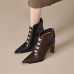 Women's satin pointed toe chunky heel short boots by Plush Fashion Hub, featuring ultra high heels and sleek design.