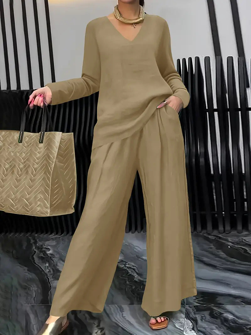 Plush Fashion Hub solid color long sleeve top and pants two-piece travel set, comfortable casual wear, full view of the outfit.