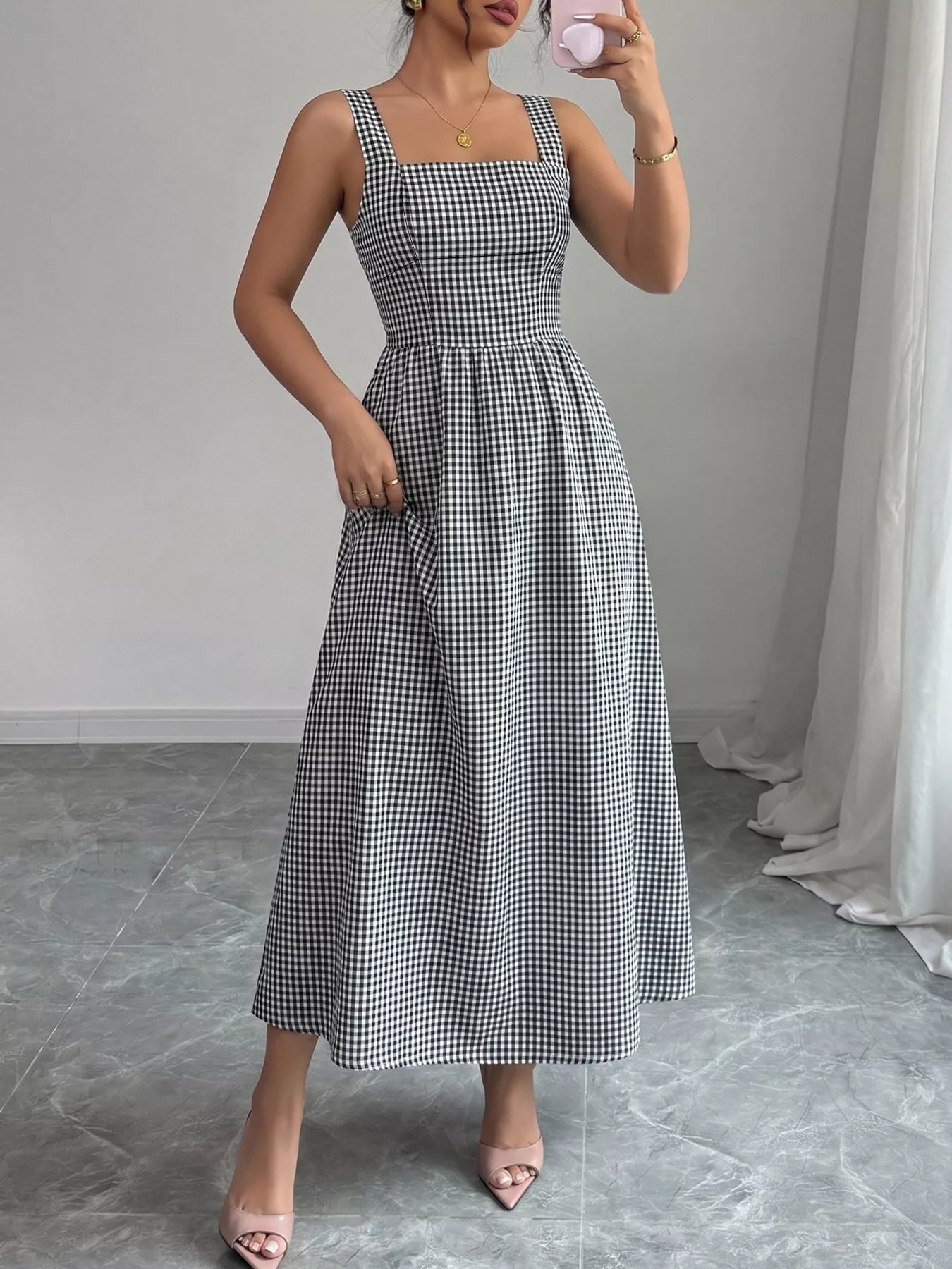 Square neck gingham midi dress from Plush Fashion Hub, showcasing a stylish, feminine dress with a fitted bodice and midi length.