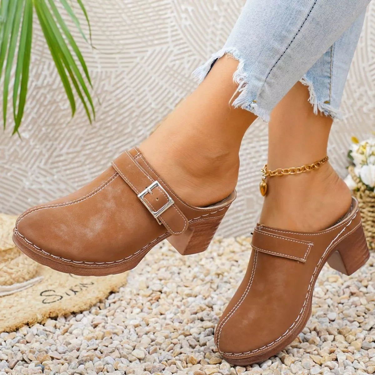 Plush Fashion Hub round toe block heel sandals with ankle straps, stylish women's heeled shoes for summer wear.
