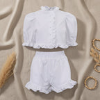Women's ruffled linen-blend cropped blouse and shorts set by FitiqueFit, featuring ruffle details and a relaxed fit.