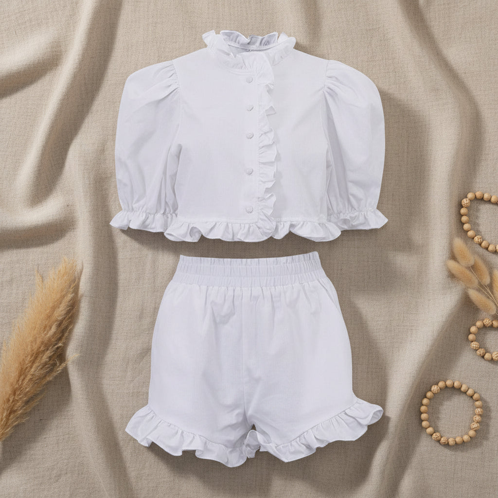 Women's ruffled linen-blend cropped blouse and shorts set by FitiqueFit, featuring ruffle details and a relaxed fit.