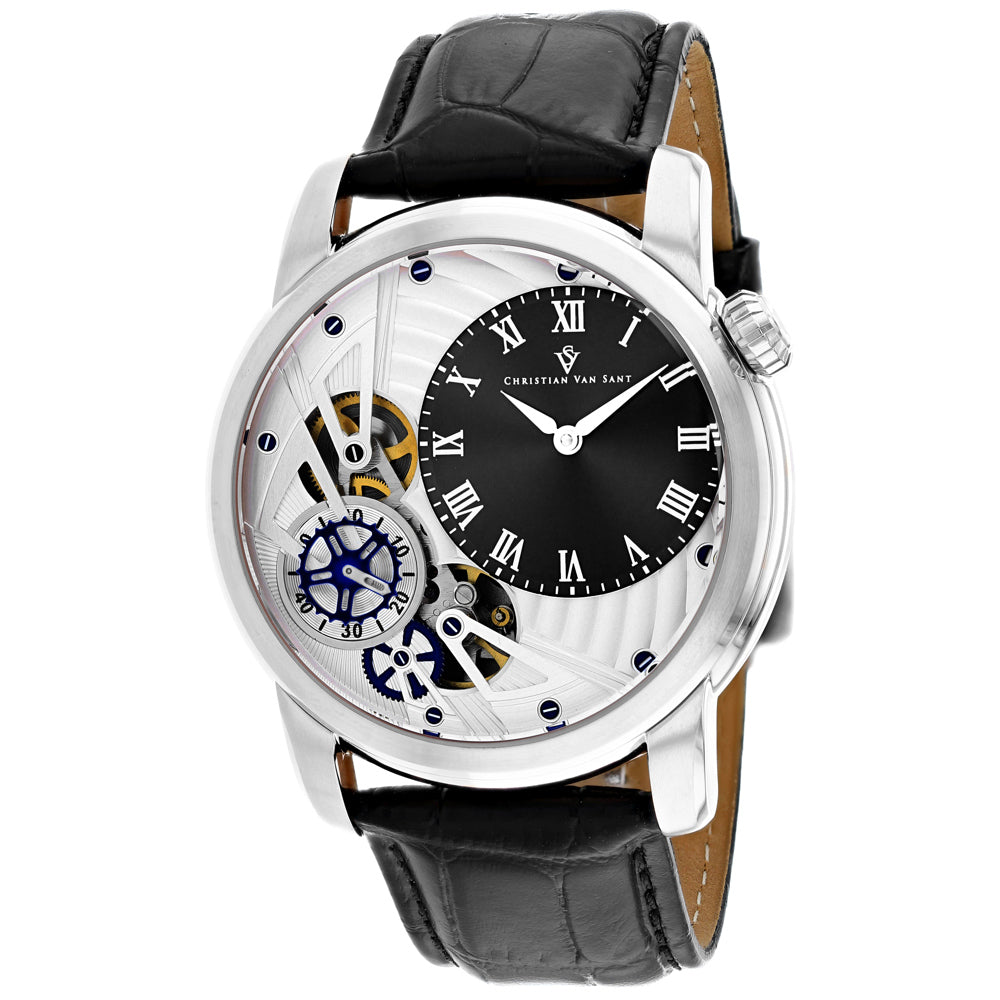 Christian Van Sant men's Sprocket auto-quartz watch with black dial and silver stainless steel band, stylish men's timepiece.