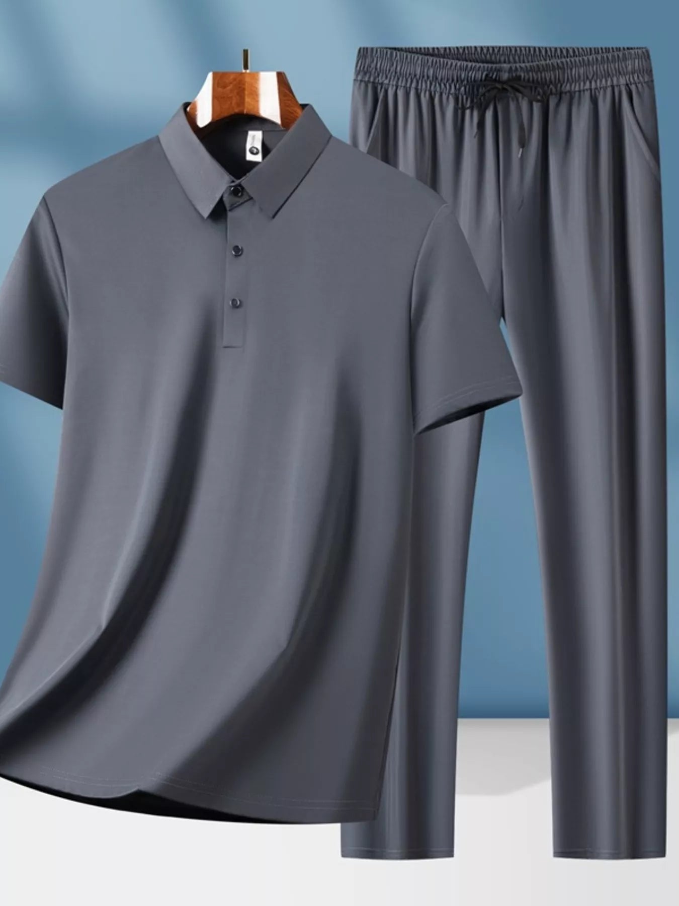 Men's plus size button detail short sleeve top and matching pants set by Shopimist, casual and comfortable clothing ensemble.