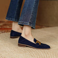 Women's retro suede loafers with metal buckle, platform chunky heel, slip-on design, by Plush Fashion Hub.