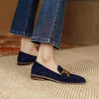 Women's retro suede loafers with metal buckle, platform chunky heel, slip-on design, by Plush Fashion Hub.