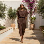 Women’s batwing sleeve off-shoulder elastic waist maxi dress by FitiqueFit, flowing fabric with a stylish, relaxed fit in this image.