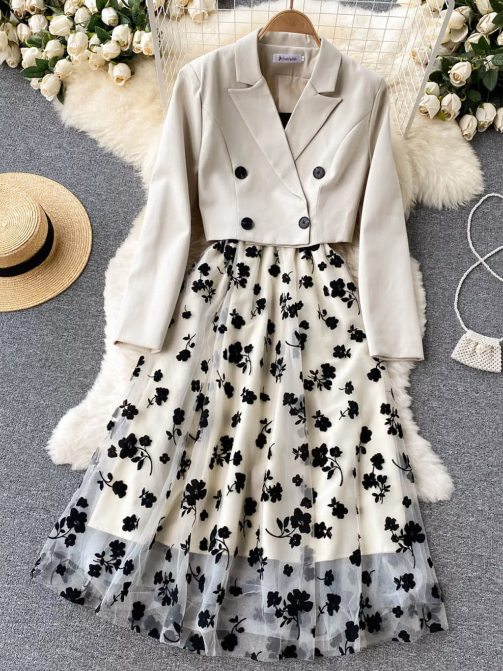 Elegant floral mesh two-piece dress and blazer set by Trendsi, featuring a stylish dress with intricate floral details and matching blazer.
