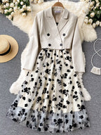 Elegant floral mesh two-piece dress and blazer set by Trendsi, featuring a stylish dress with intricate floral details and matching blazer.