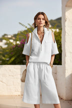 Casual Plush Fashion Hub short-sleeve shirt and loose shorts two-piece set, shown in a relaxed fit and light fabric.