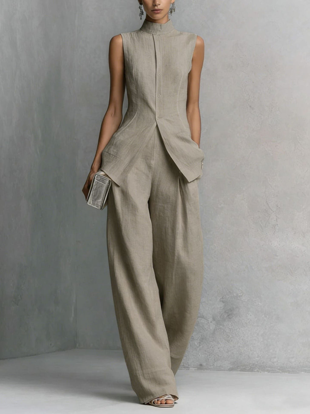 Women's sleeveless solid color casual two-piece set with long pants in four colors, from Plush Fashion Hub.