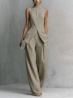 Women's sleeveless solid color casual two-piece set with long pants in four colors, from Plush Fashion Hub.