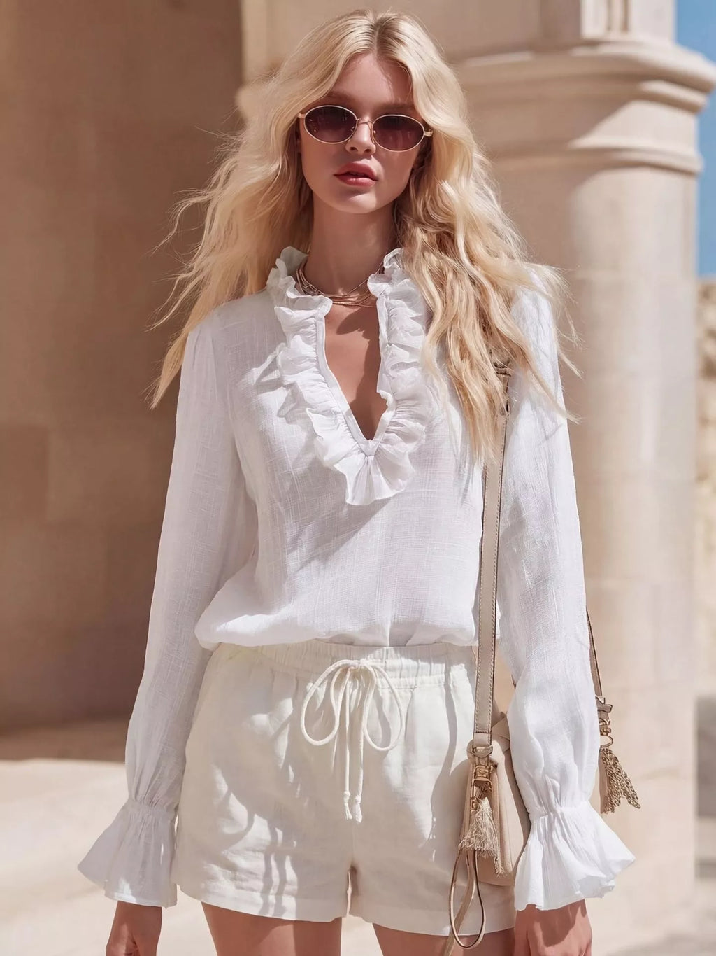 Shopimist ruffled V-neck long sleeve blouse with feminine design and soft fabric, shown on a model.