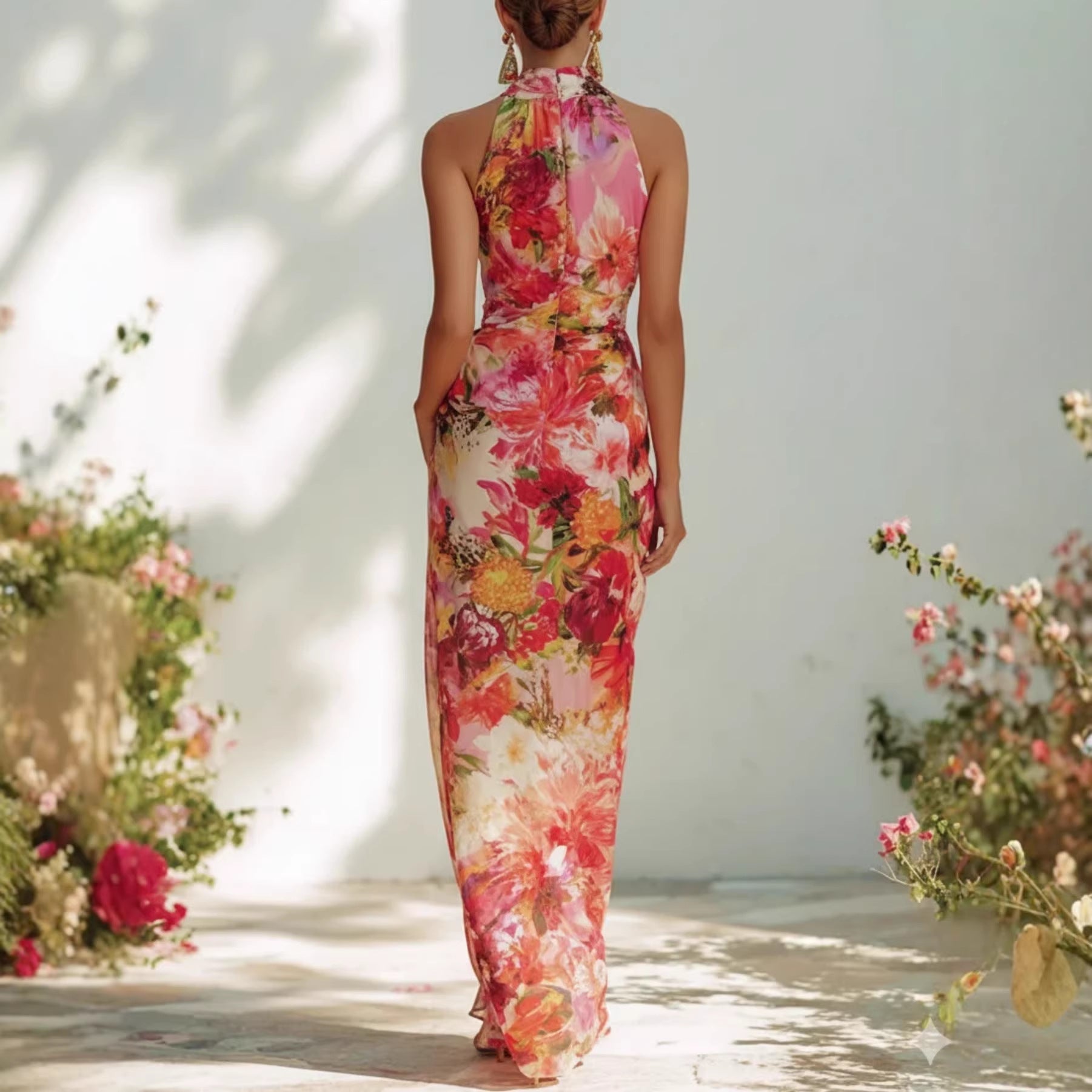 Floral strapless chiffon maxi dress by FitiqueFit featuring a high-waist A-line design, perfect for elegant women’s evening wear.