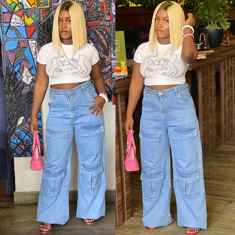 Women's washed high-waist denim pants from eprolo with large pockets and a loose straight-leg fit, casual streetwear style.