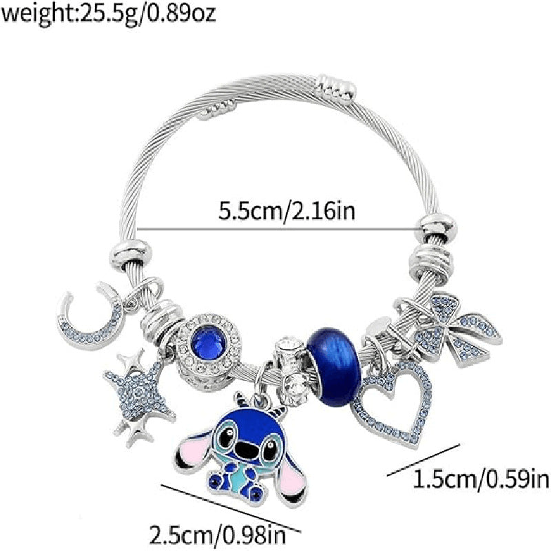 Silver metal charm bracelet with blue crystal charms including a Stitch character, heart, bow, and crescent moon.