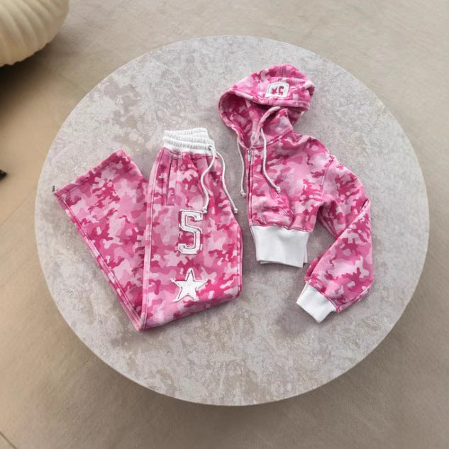 Style Pink Camouflage Print Casual Set High Street Hip-Hop Zipper Jacket with Tie Waist Pants