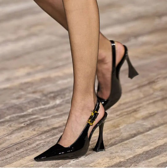 Shiny black pointed toe patent leather stiletto heels by Plush Fashion Hub, stylish and elegant footwear for formal occasions.