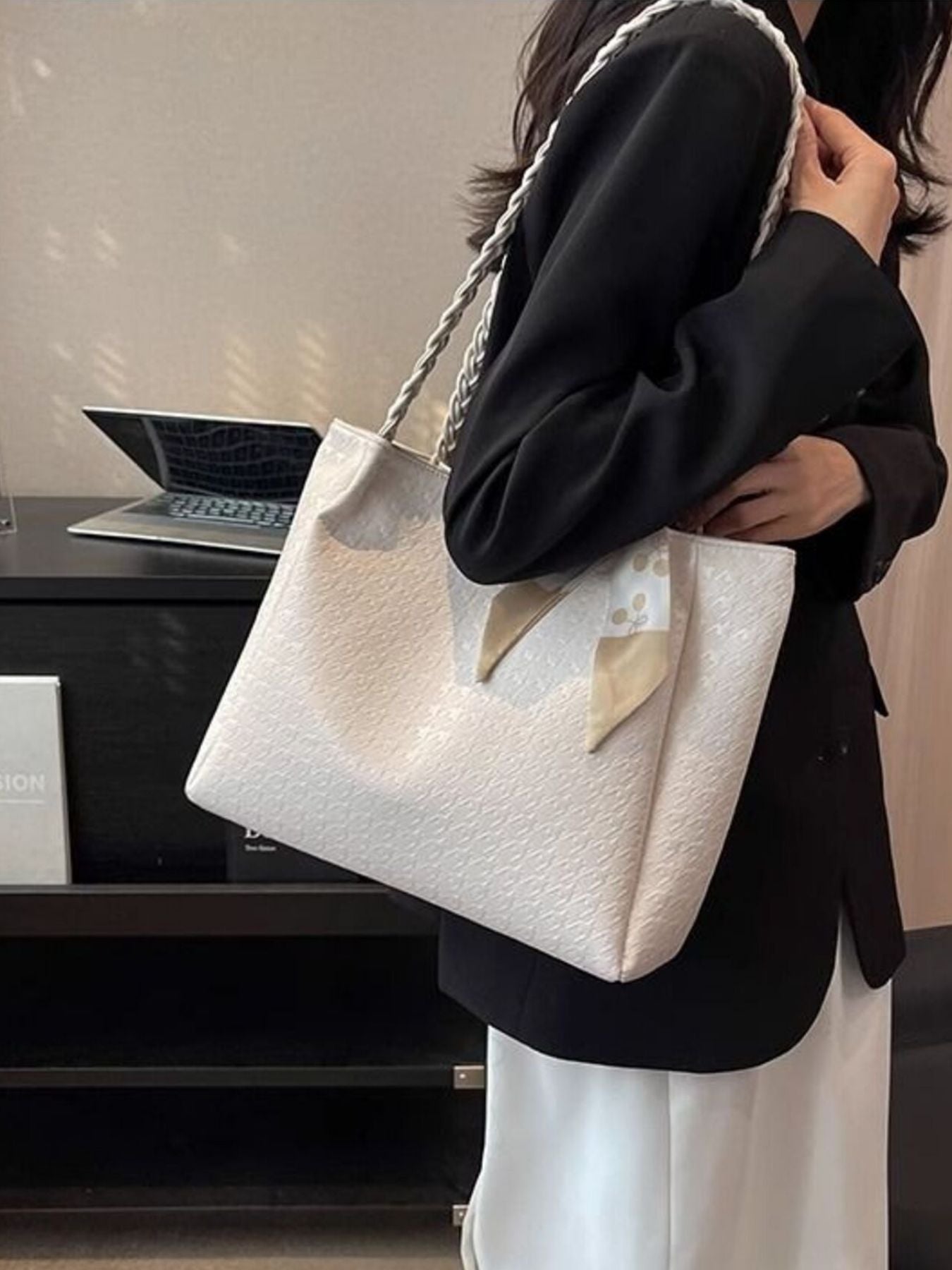 Shopimist braided handle tote bag with sturdy woven handles and spacious interior, perfect for everyday carry.