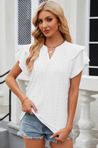 Light blue eyelet notched flutter sleeve T-shirt from Trendsi, featuring a relaxed fit and stylish sleeve design for casual wear.
