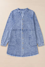 VYSN raw hem button-down long sleeve denim dress, casual fashion clothing with a classic fit and raw hem detail.