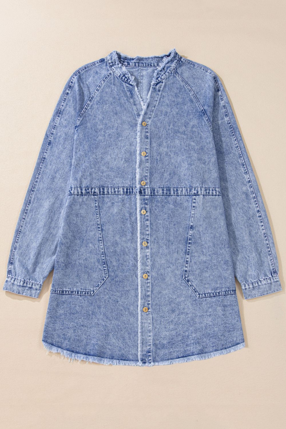 VYSN raw hem button-down long sleeve denim dress, casual fashion clothing with a classic fit and raw hem detail.
