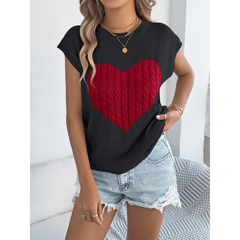 Women’s Heart Color Block Knit Top by FitiqueFit, casual sleeveless Valentine tank with vibrant heart design and cozy knit fabric.