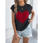 Women’s Heart Color Block Knit Top by FitiqueFit, casual sleeveless Valentine tank with vibrant heart design and cozy knit fabric.