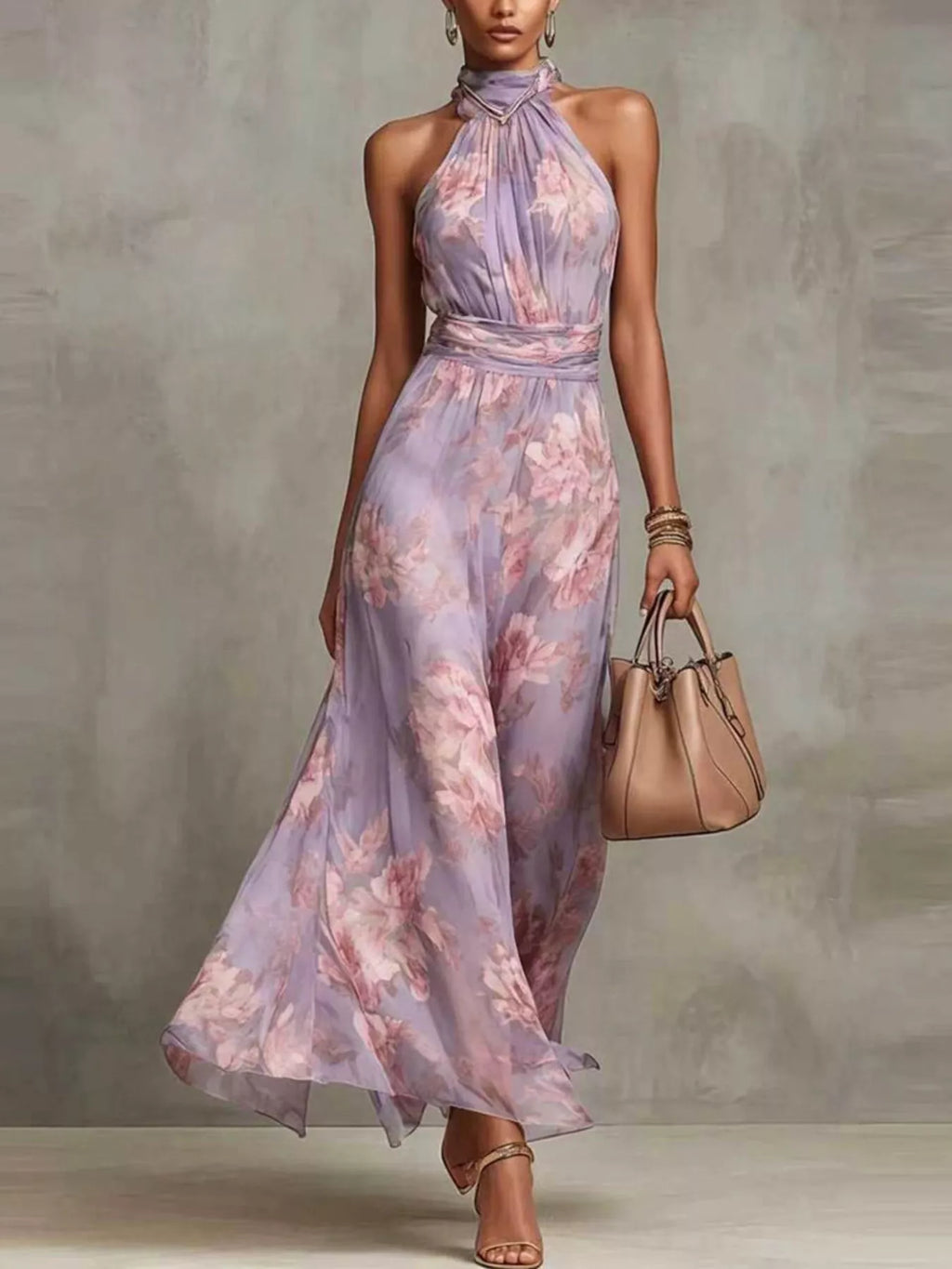 Plus size floral print sleeveless maxi dress from Trendsi, full-length dress with vibrant floral pattern and flowing silhouette.