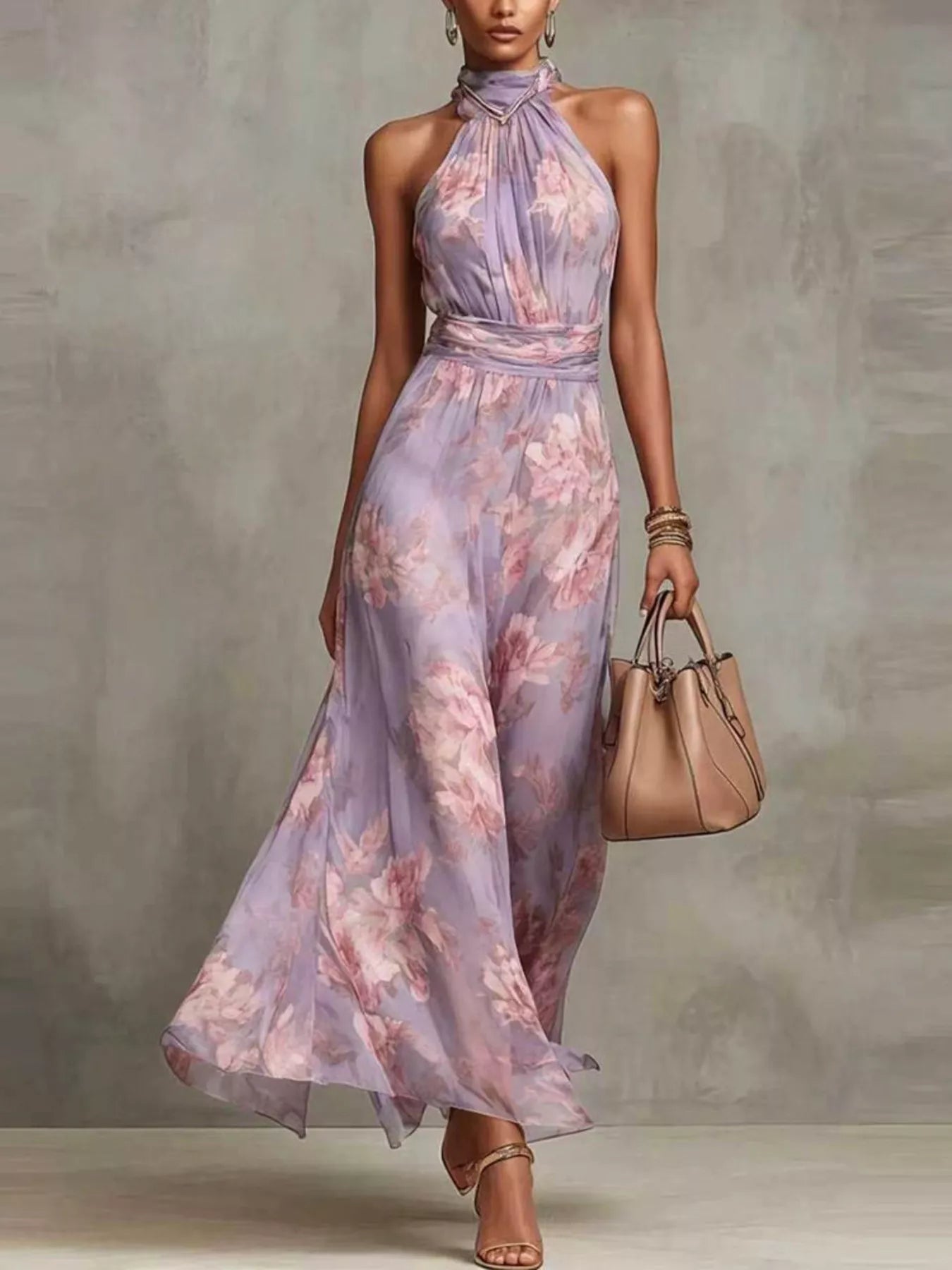 Plus size floral print sleeveless maxi dress from Trendsi, full-length dress with vibrant floral pattern and flowing silhouette.