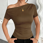 Women’s Y2K ruched one-shoulder summer top by Plush Fashion Hub, slim fit, asymmetrical casual shirt with ruched detail.