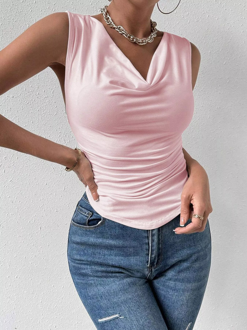 Trendsi cowl neck tank top in soft fabric, featuring a relaxed fit and stylish draped neckline, perfect for casual wear.