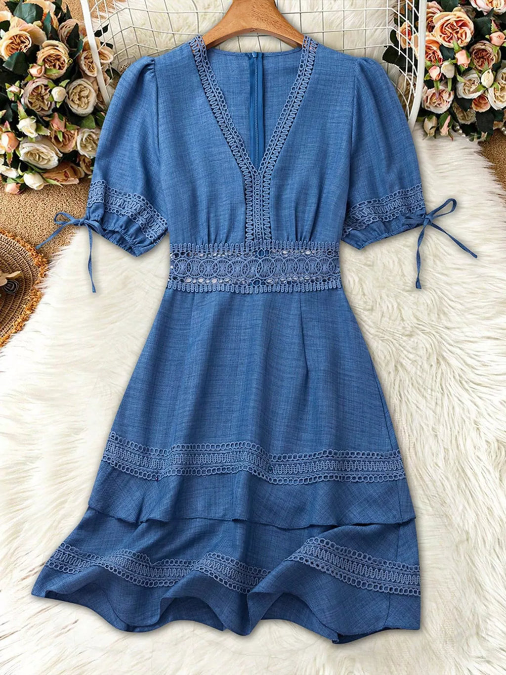 Lace detail v-neck mini dress by Shopimist featuring a fitted silhouette and delicate lace accents on the neckline.