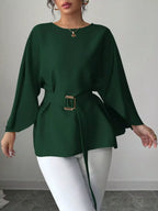 Shopimist batwing sleeve belted blouse with relaxed fit, featuring wide sleeves and a waist belt, stylish and comfortable for casual wear.