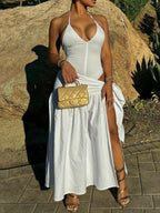 Halter neck ruched bodysuit with matching maxi skirt set by Shopimist, shown in a stylish black fabric on a model.